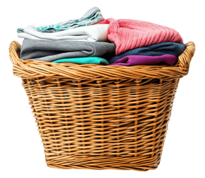 Wicker basket filled with colorful clothes indoors, cut out - stock . png
