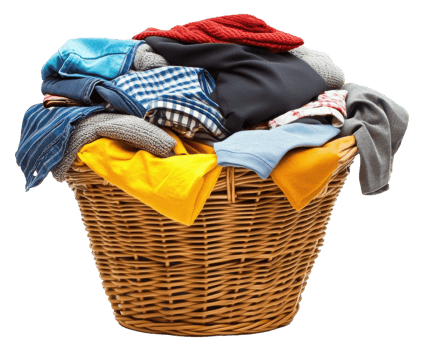 Pile of colorful laundry in a wicker basket, cut out - stock . png