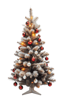 Decorated Christmas tree with ornaments and lights, cut out - stock . png