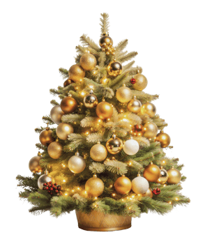 Festive Christmas tree with golden ornaments, cut out - stock . png
