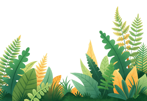 Lush green foliage with ferns in a bright setting, cut out - stock . png