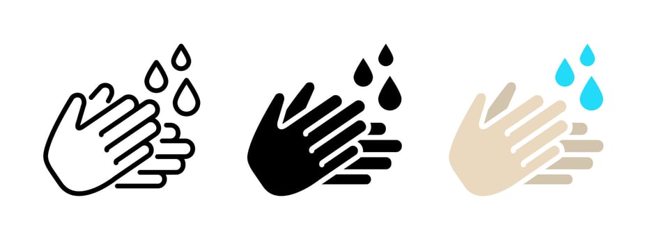 Hands washing icon. Hand wash with water drop illustration. Personal hygiene symbol. Antibacterial antiseptic prevention sign. Sanitary protection pictogram. Clean palm concept. vector