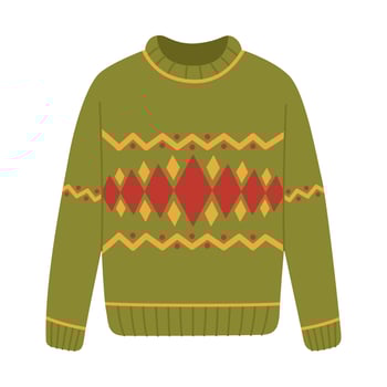 Green warm sweater with rhombus ornament. Knitted wool jumper for autumn and winter. Cozy pullover. Flat illustration isolated on white background vector