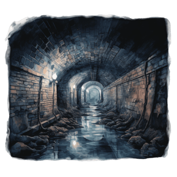 A Dark and Waterlogged Brick Tunnel with Dim Lighting png