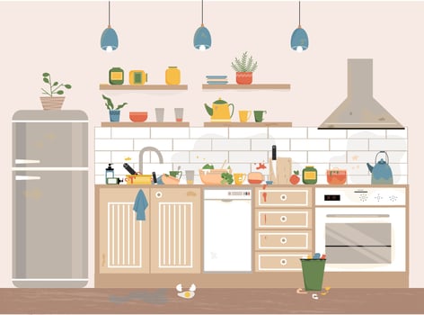 Interior of a dirty and messy kitchen with dirty dishes, furniture.Kitchen before tidying up and cleaning. Disorder in the interior. vector