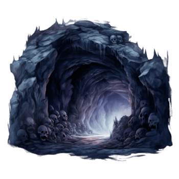 A Dark Cave Entrance with Skulls Scattered at the Base png