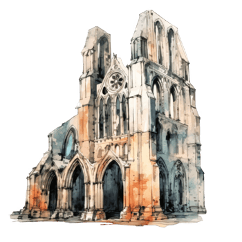 Watercolor Painting of a Gothic Church Facade png