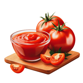 Tomato ketchup with fresh tomatoes on wooden board png