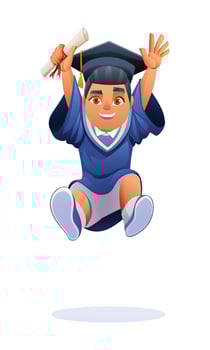 Happy boy in graduation cap and gown, holding diploma, jumping in excitement. Cartoon illustration vector