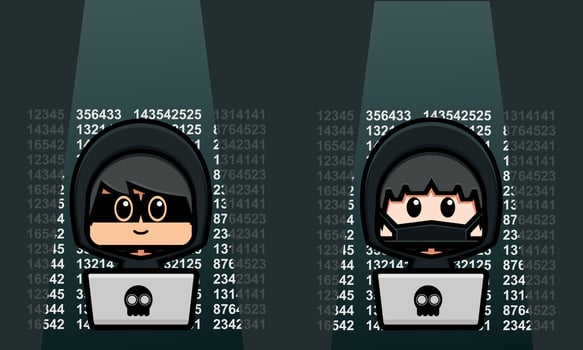 Cute character hacker. Cute anonymous in front of the laptop vector