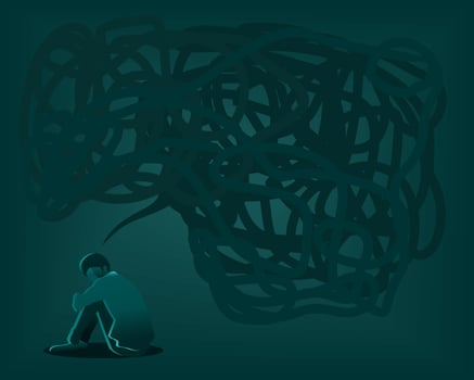 Silhouette of a person sitting on the floor loneliness, overthinking and stressed. Black thinking bubble over head. Anxiety disorder, suffering from anxiety vector