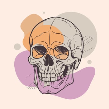 a drawing of a skull with a purple background and a purple and pink and purple circle. vector