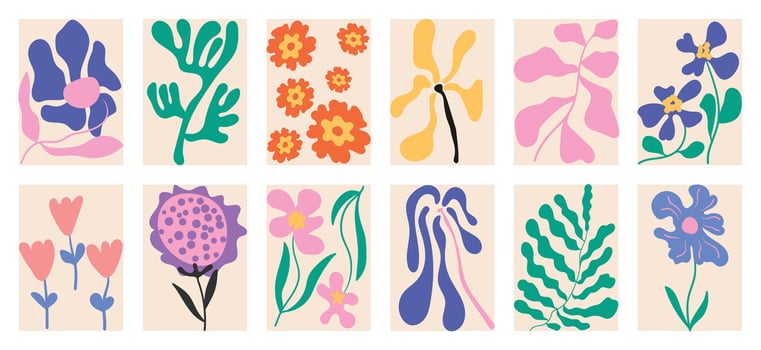 Botanical doodle background art set. Flower and leaves abstract shape doodle art design for print, wallpaper, clipart, wall art for home decoration. vector