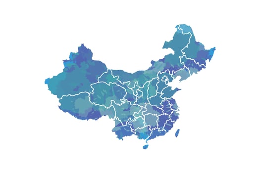 China watercolor map illustration in blue color with different regions or provinces on white background using paint brush vector