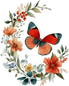 a flower wreath with a butterfly and flowers on transparent background png