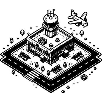 Airport building with adjacent territory in monochrome. Observation tower behind aircraft. Simple minimalistic in black ink drawing on white background vector