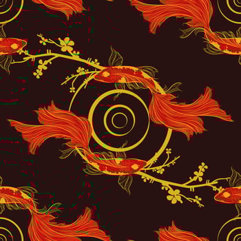 banner with traditional Chinese elements and ornament. Koi carp in gold color black red background with peony flowers. Chinese background.fish koi japanese chinese design sketch ink paint style vector
