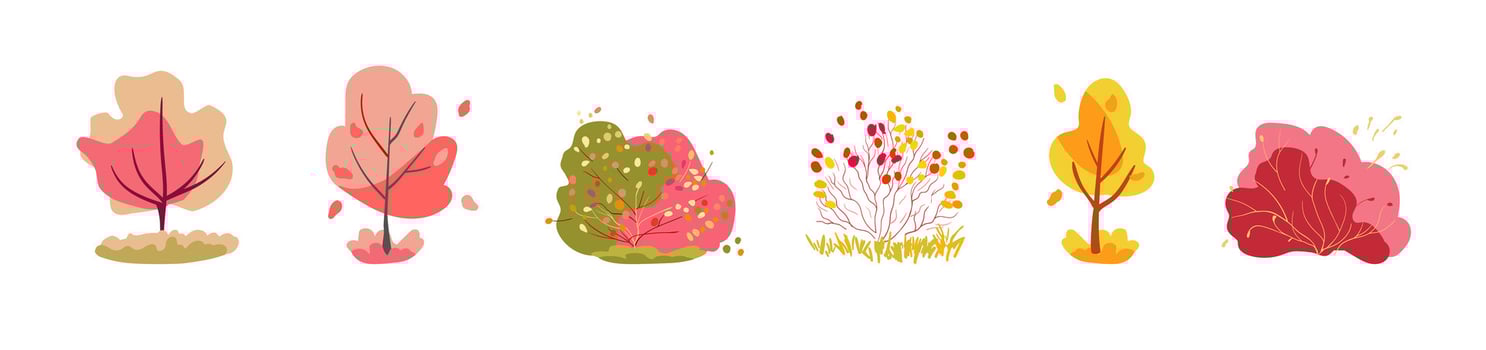 Autumn set of decorative bushes with thin branches of pink and red trees. Leaf fall folk. Multi-colored bright plants vector