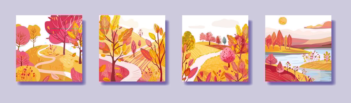 Set with landscapes. Indian summer. Hand drawn. Sun over the river. vector