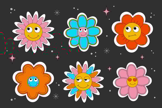 y2k character. Groovy cartoon retro flowers. Sticker pack. Comic daisy flowers with eyes on a dark background. illustration in trendy retro cartoon style. vector