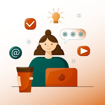 A young girl with a laptop drinks coffee and works online. She works online as a freelancer. Trendy style illustration. Retro color palette. vector