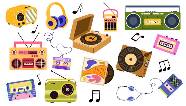 Collection of retro analog music players and cassette recorder, headphones, tape, jukebox, boombox. Set of vintage audio devices - turntable, vinyl record. Flat illustration isolated on white vector