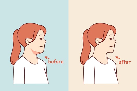 Double chin removal surgery for young girl posing before and after procedure with cosmetologist vector