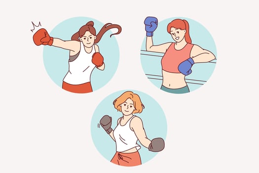 Woman boxer demonstrates ability to fight in ring and defend herself from opponents attacks vector