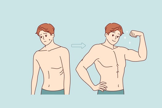 Transformation of weak man into strong one through hard training and proper nutrition vector