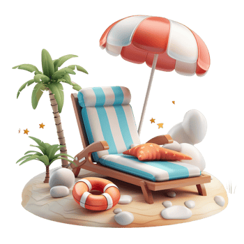 Beach lounger with umbrella and palm trees, 3D rendering png