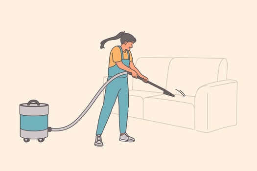 Woman maid uses vacuum cleaner to clean sofa from dust and disinfect upholstered furniture vector