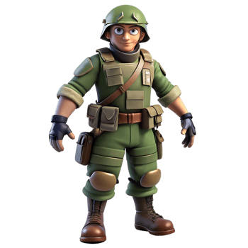 3D model of Soldiers. Animated Soldier Character Standing Confidently in Full Military Gear, Including Green Uniform, Helmet, Tactical Vest, Gloves, and Boots. png