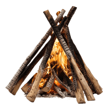 Campfire burning brightly at night, cut out - stock . png