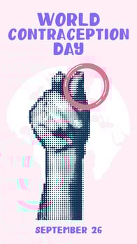 The hand holds a vaginal ring collage in the style of pop art grunge. World Contraception Day, September 26, is made in a halftone style using dots. Hands holding contraceptives vector