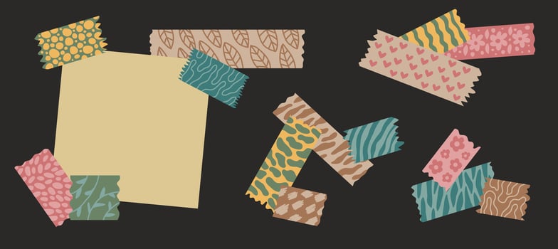 Collection piece torn tape with abstract retro print. Pastel scrapbook stripes, sticky label tags and decorative scotch strip. vector