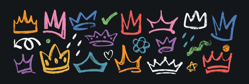 hand drawn crown set isolated on black background. Colorful king or prince diadem different shape. Brush grunge texture princess tiara or royal queen medieval head accessories in graffiti style vector