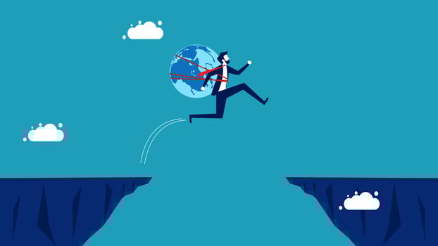 businessman jumping over the cliff to save the world vector