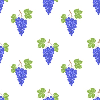 Grape bunch seamless pattern on white background, blue grape berries and leaves. vector