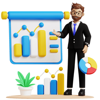 Business man present data analysis 3d character illustration for uiux, web, app, infographic, etc png
