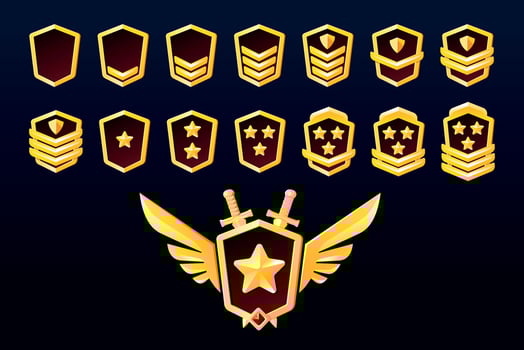 Achievement badges decorated with wings. War game ranking badge set with stars. Illustration of an award medal made of gold. vector