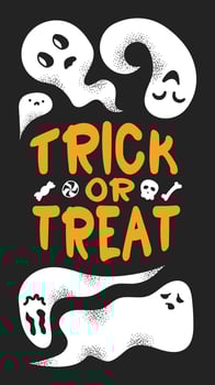 Halloween banner stories with funny creepy ghosts and the text Trick or Treat. Black and white with orange, retro style. For posters, social media, prints, advertising, cards, and events. vector