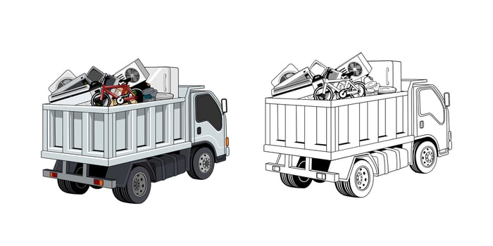 Back View of Pickup Truck Loaded Household Junk Cartoon Design Illustration vector