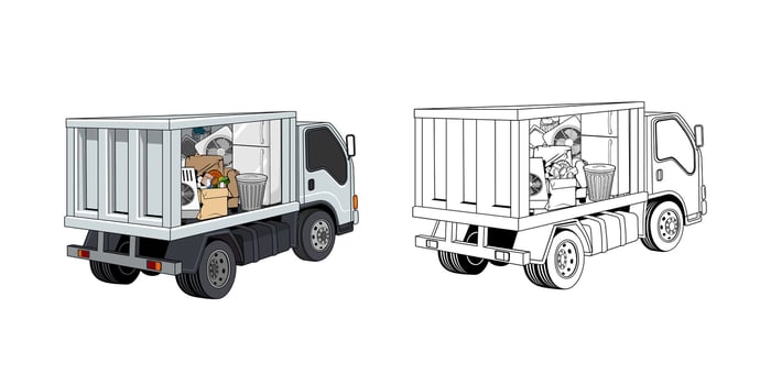Cartoon of Pickup Truck Loaded Household Junk Side View Design Illustration vector