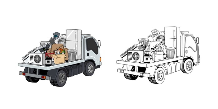 Side View of Pickup Truck Loaded Household Junk Cartoon Design Illustration vector