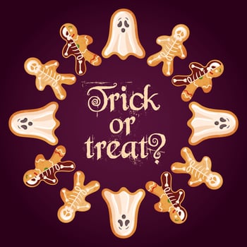 A beautiful and festive gingerbread dance for a joyful Halloween celebration. Round frame, wreath. For posters, postcards, advertising banner, website, placard, flyer. Ghost, skeleton. vector