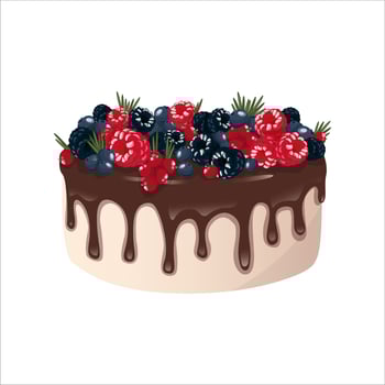 A colorful birthday cake decorated with berries and melted chocolate Isolated on a white background. Flat illustration vector