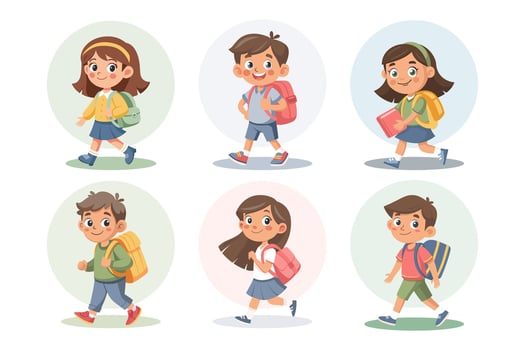 Cute schoolgirls and schoolboys with school backpack going to school. Set of pupils characters. Flat style illustration vector