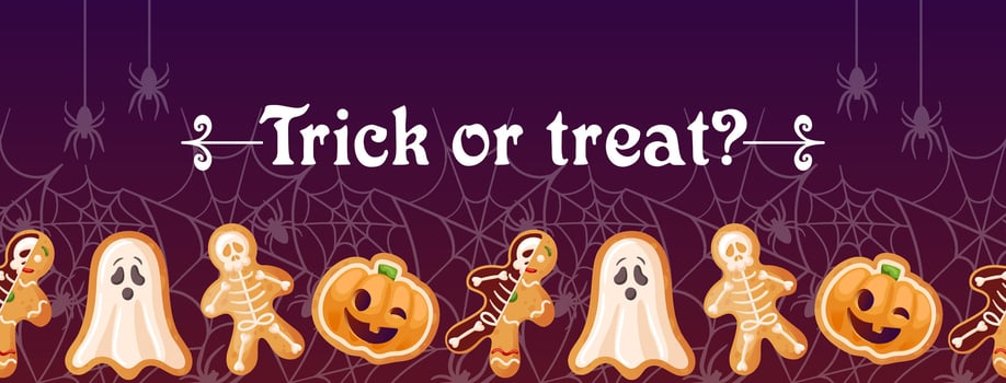 Beautiful and festive gingerbread chain dance for a joyful Halloween celebration. Horizontal seamless border. For advertising banner, website, poster, sale flyer. Ghost, jack o lantern, skeleton. vector
