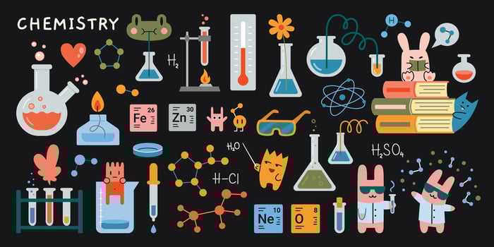 Chemistry lesson at school. Laboratory equipment, Test tube, chemical lab stuff and cute characters on black chalkboard. Education concept. Trendy modern illustration, hand drawn, flat vector