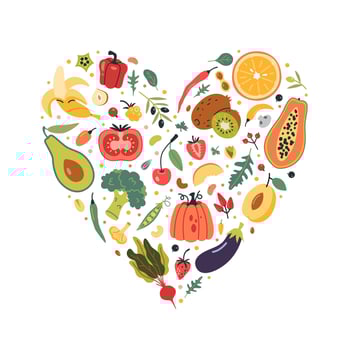 Vegetables, fruits and berries in a heart shape. Healthly food consept. Modern illustration isolated on white, hand drawn, flat design vector